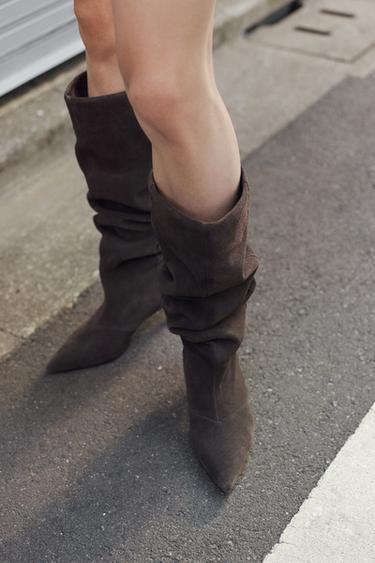 Zara SPLIT SUEDE KITTEN HEEL BOOTS - Brown