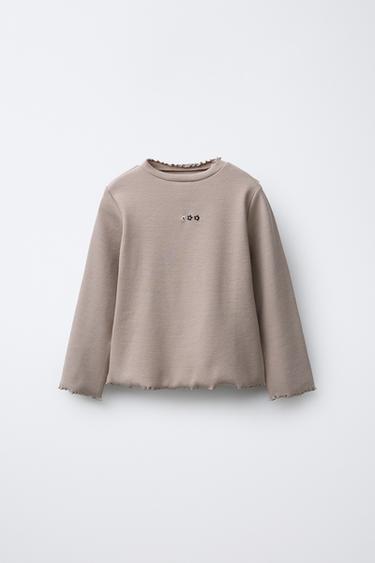RIBBED T-SHIRT WITH EMBROIDERED DETAIL - Grey by Zara