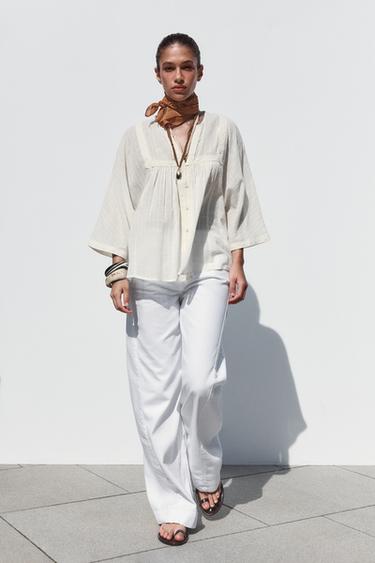 BLUSA BORDADOS MANGA ANCHA - Blanco roto de Zara - Imagen 0