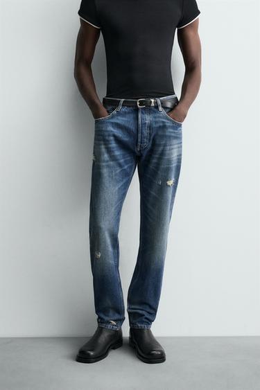 RIPPED SLIM FIT JEANS - Mid-blue by Zara
