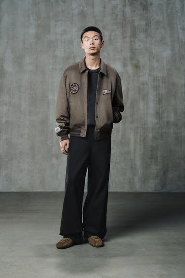 Zara 人造麂皮布章刺繡學院風外套 - 貂色