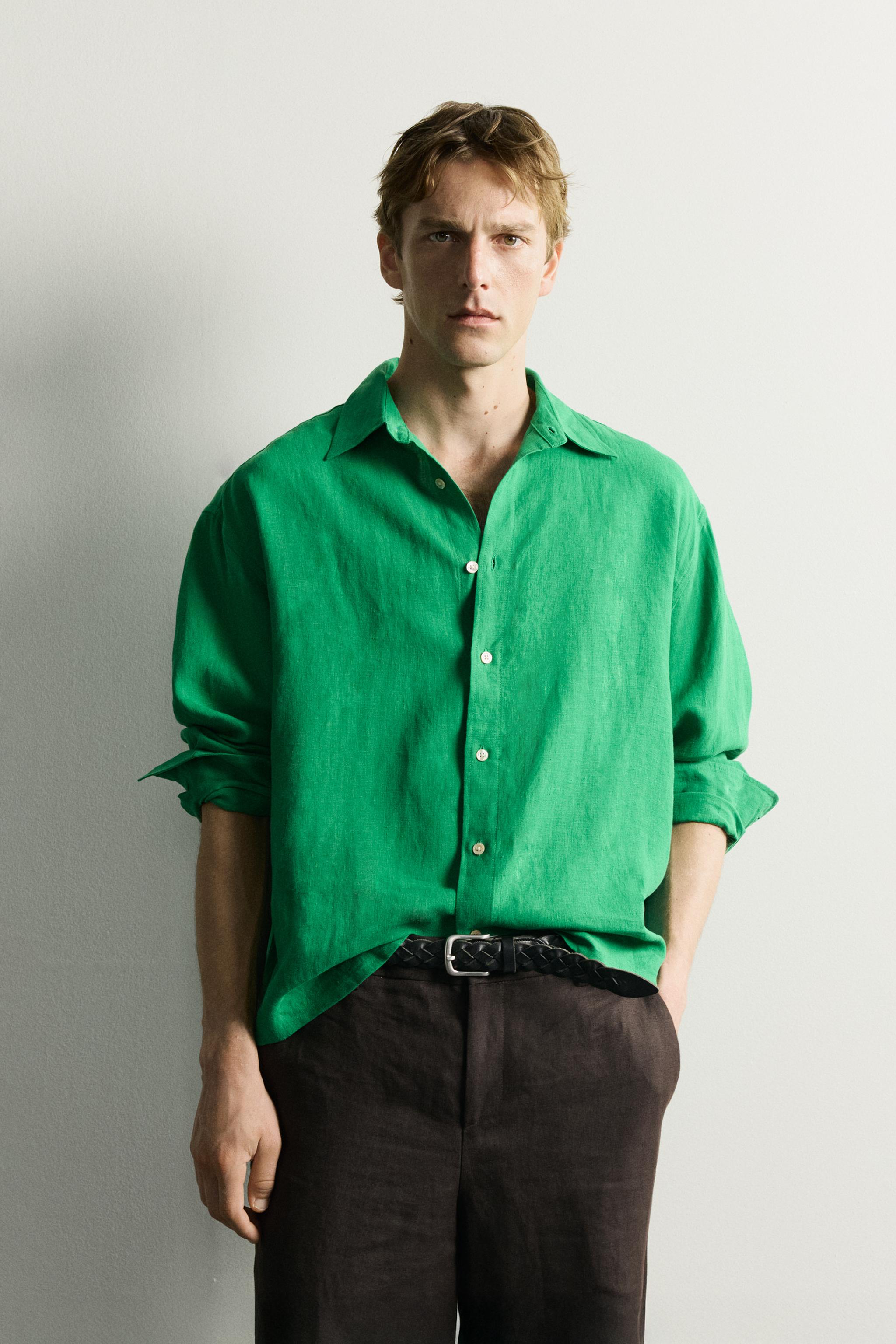 100% LINEN RELAXED FIT SHIRT — Green
