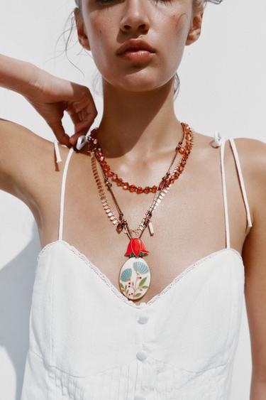 PACK OF 3 FLOWER BEAD NECKLACES - Golden by Zara