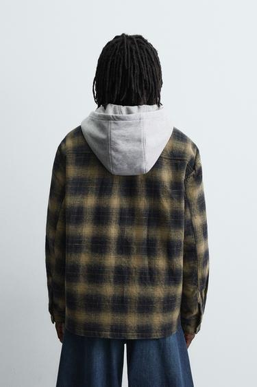 HOODED CHECK OVERSHIRT - Black / Green by Zara - Image 2