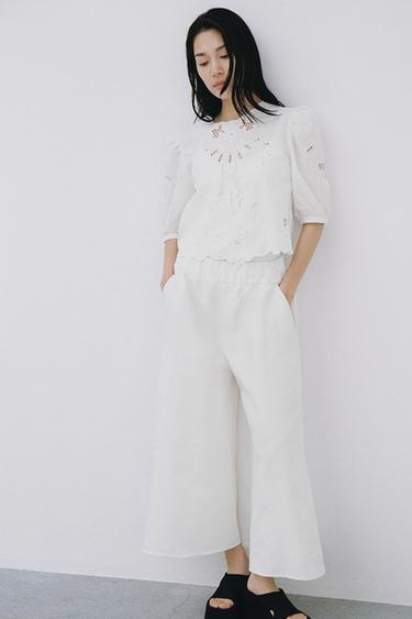리넨 볼륨 팬츠 ZW 컬렉션 - Zara 화이트