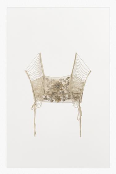 TOP BORDADOS MISSANGAS FRANJAS - Branco-marfim da Zara