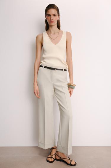 Zara RIBBED LACE TRIM TOP - Cream