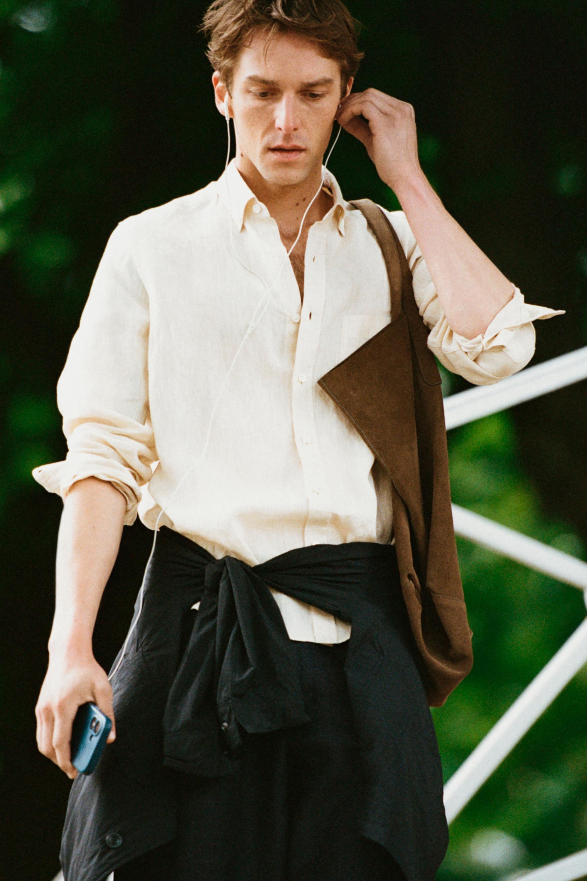 Regular fit 100% linen patch pocket shirt — Dark orange