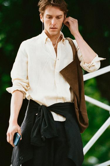 Zara Regular fit 100% linen patch pocket shirt - Dark orange