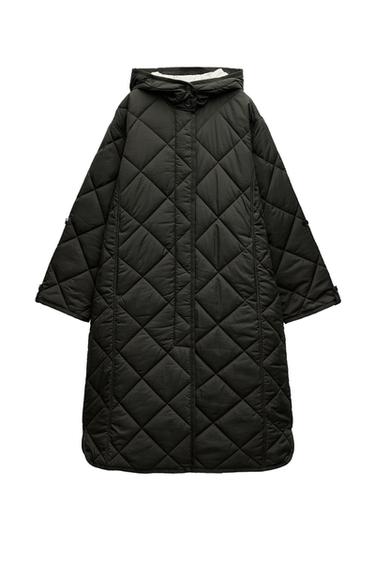 Front view of a black quilted coat with hood and diamond design.