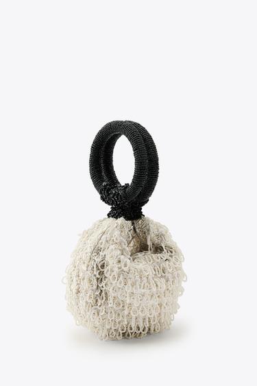 Zara BEADED BUCKET BAG - Ecru