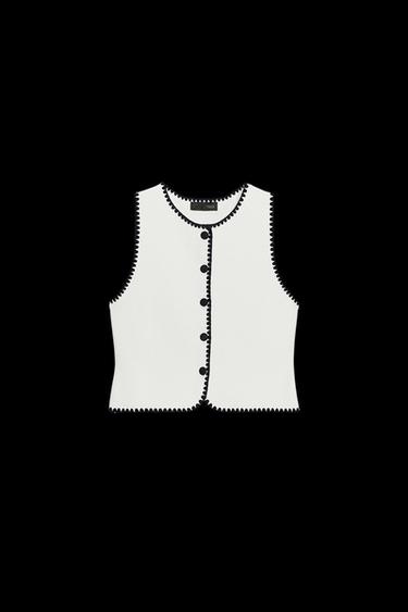 Zara CONTRAST EMBROIDERY KNIT VEST - White - Image 0