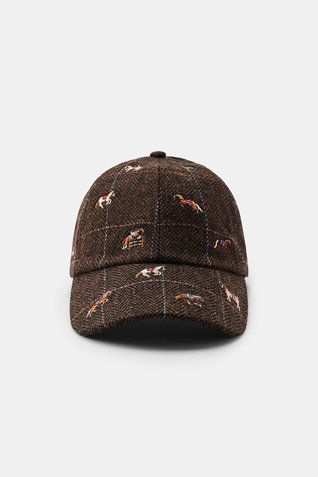 WOOL BLEND HORSE EMBROIDERY CAP — taupe brown