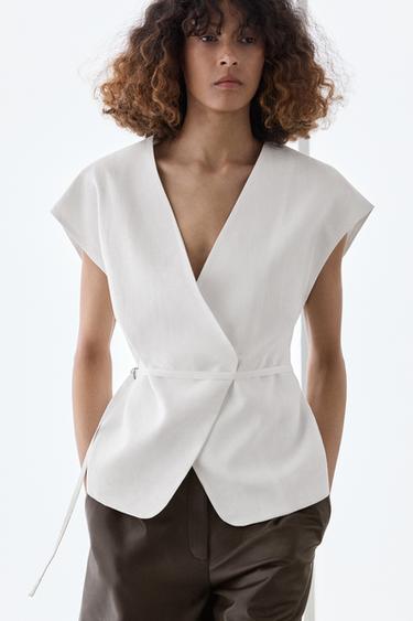 Zara 100% linen surplice waistcoat with tie detail - Oyster-white