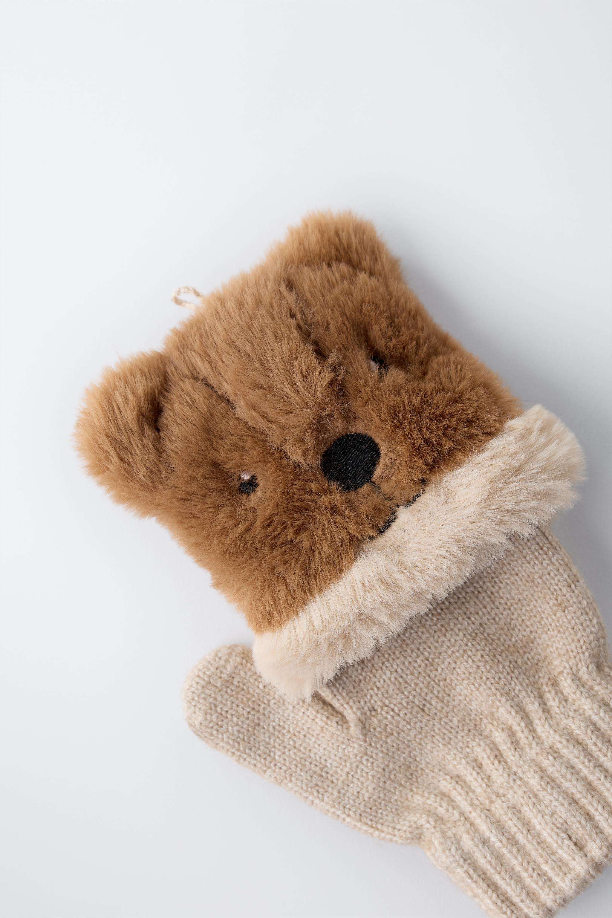 BEAVER FUR EFFECT MITTEN GLOVES