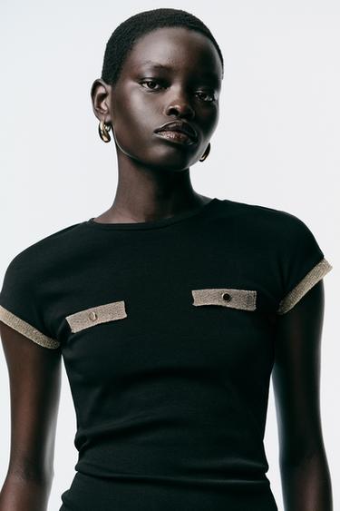 METALLIC THREAD T-SHIRT - Black by Zara - Image 1