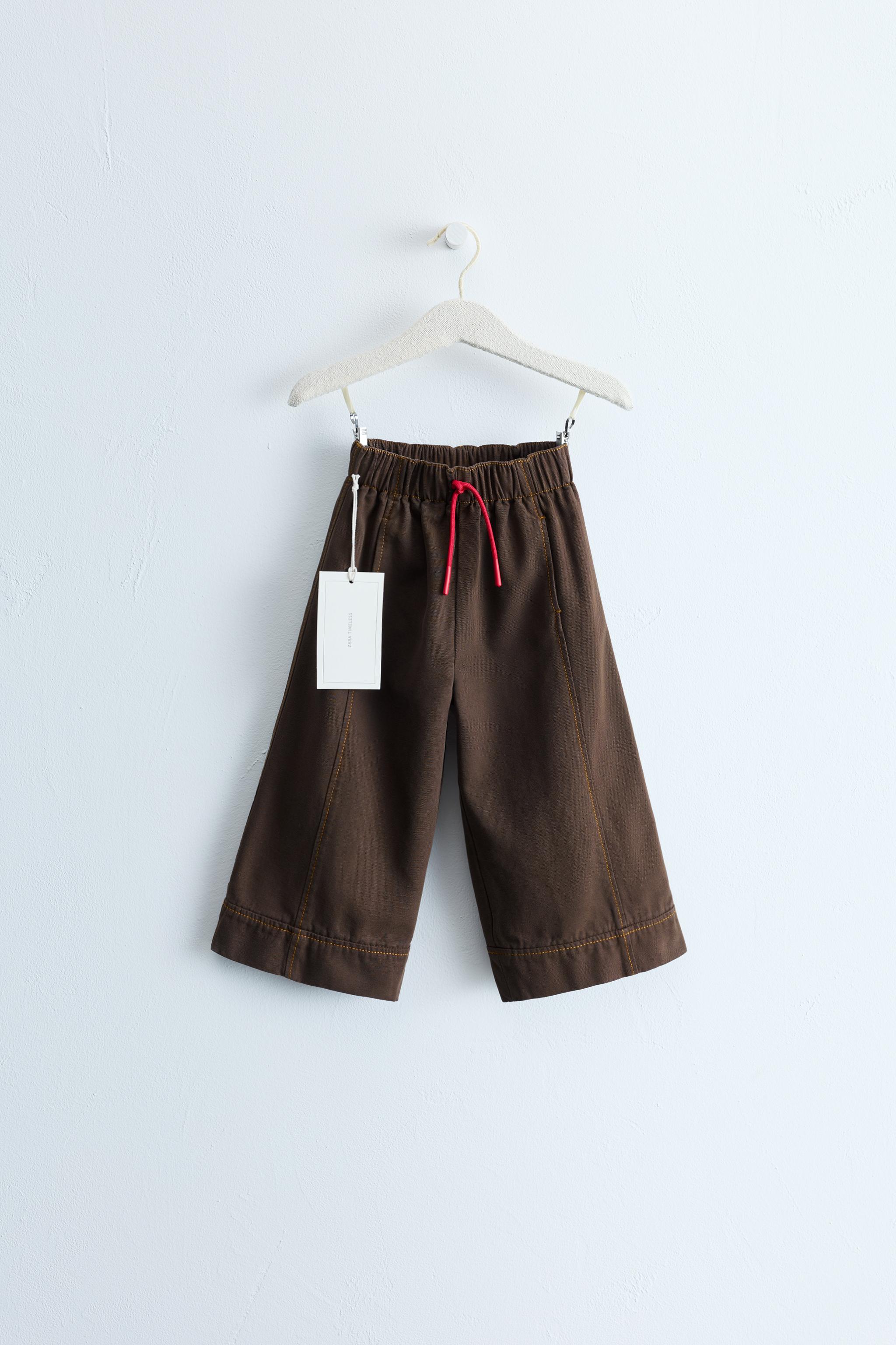 ZARA TIMELESS - WIDE LEG CONTRAST STITCH CANVAS PANTS — Brown