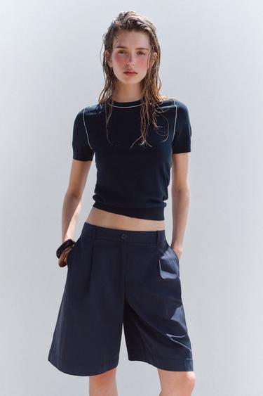 Zara TRIMMED SHORT SLEEVE KNIT TOP - Navy / White - Image 0