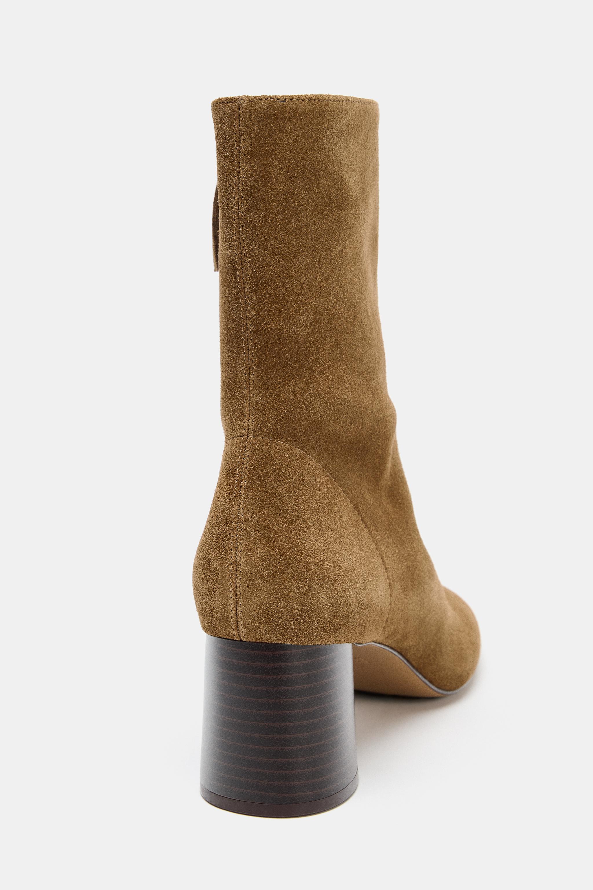 ルア SPLIT LEATHER WIDE HEELED ANKLE BOOTS - Sandy Brown | ZARA