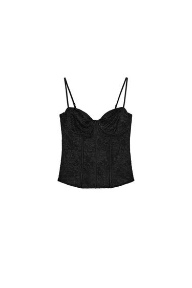 "Front view of black crop top with hoops, sweetheart neckline, adjustable spaghetti straps and internal boning."