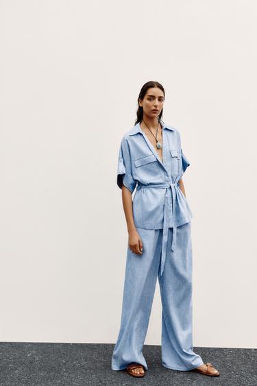 Zara WIDE LEG LINEN PANTS - Light blue