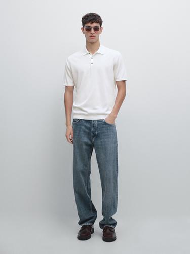Zara Short sleeve cotton knit polo shirt - White