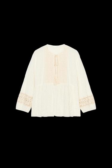 CROCHET COMBINED BLOUSE - Light beige by Zara