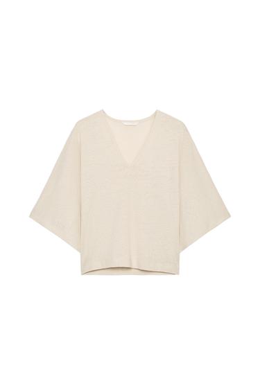 リネン混VネックTシャツサンドZaraのリネン混VネックTシャツ - サンド 