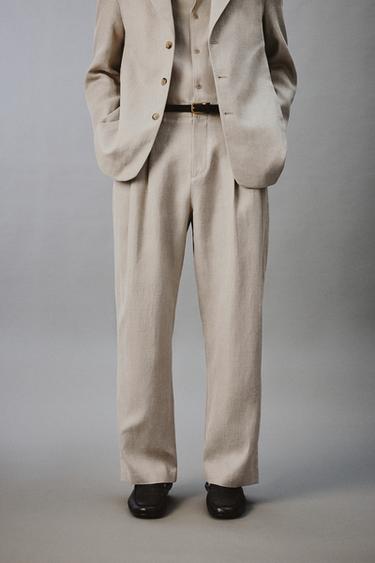 Zara COTTON - LINEN PLEATED PANTS - Sand