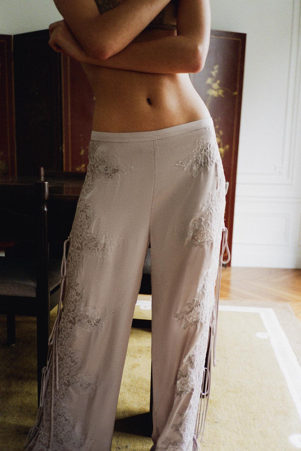 SATIN EFFECT LACE PANTS WITH VENTS - image 2
