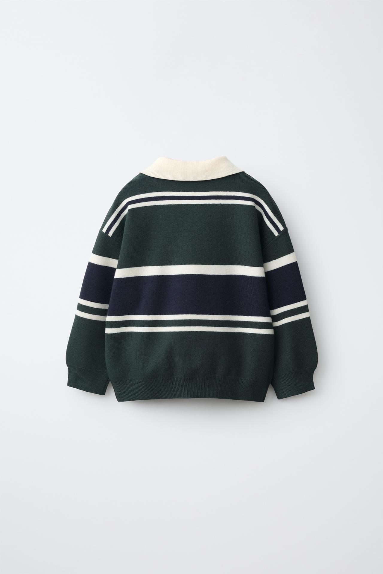 EMBROIDERED STRIPED KNIT POLO SWEATER — Gray green