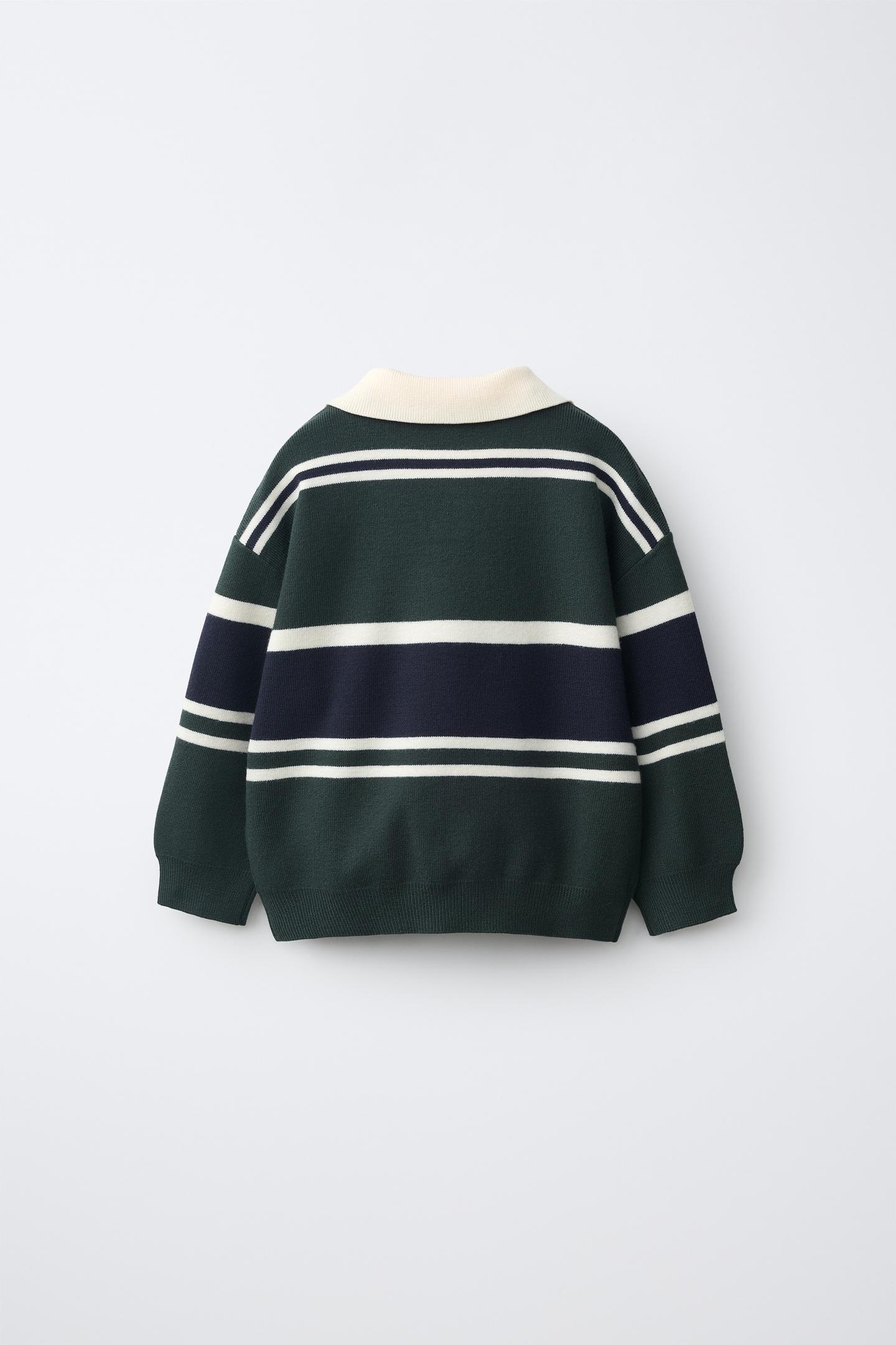 Детский свитер Zara Embroidered Striped Knit Polo, цвет: Серый зелёный — фото 2