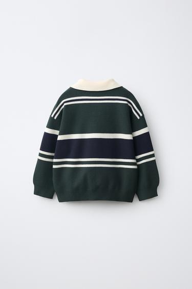 EMBROIDERED STRIPED KNIT POLO SWEATER — Gray green 2