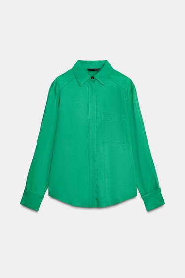 SATIN SHIRT WITH POCKET - Green by Zara
