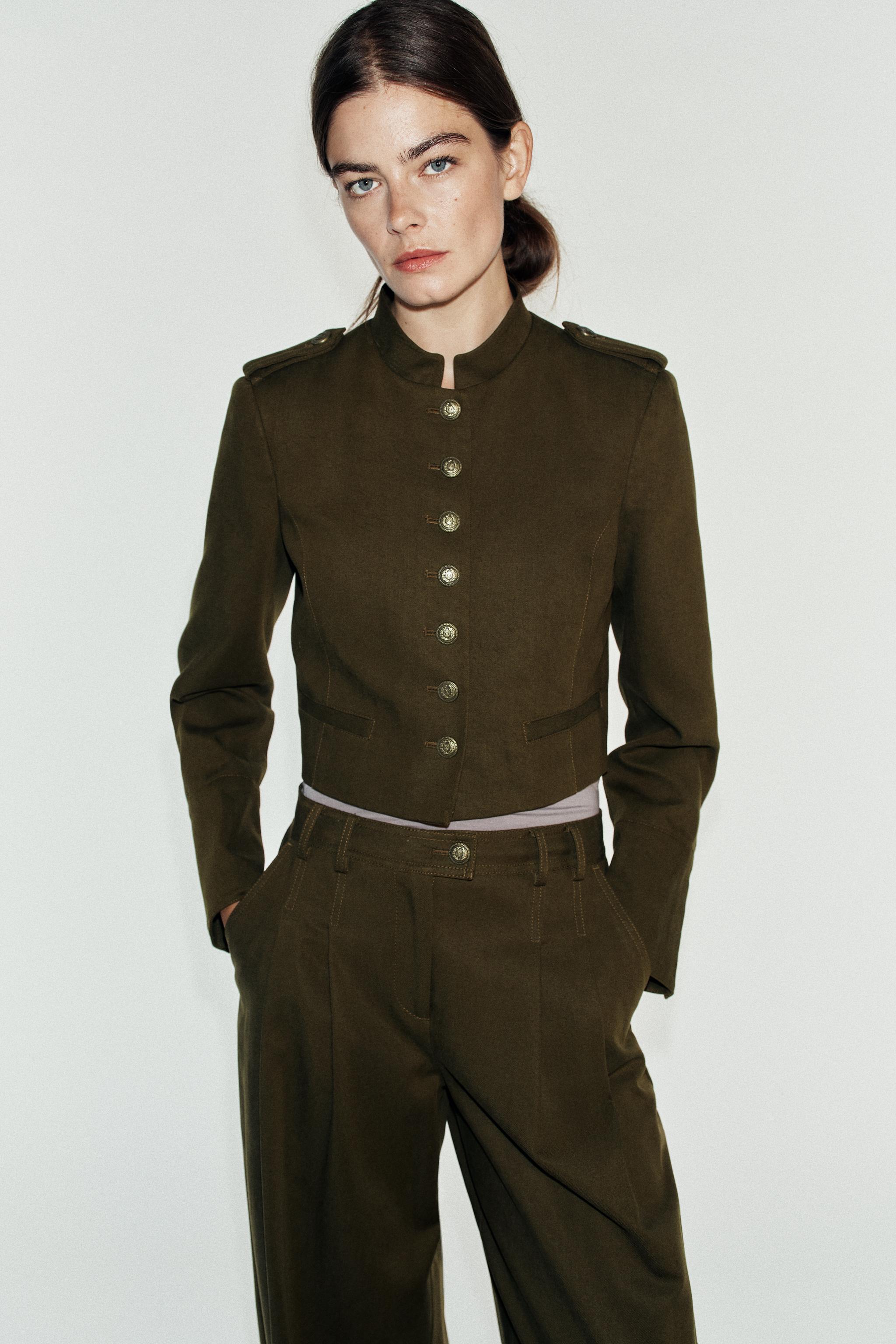 CROPPED JACKET WITH SHOULDER PADS — Khaki