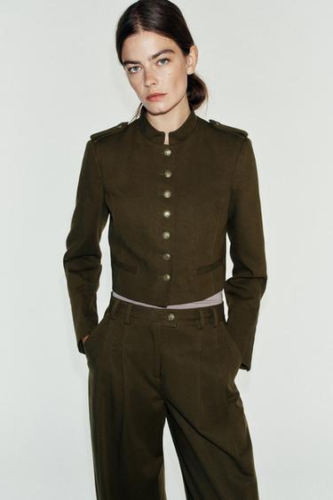 CROPPED PADDED-SHOULDER BLAZER — Khaki 1
