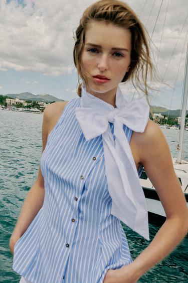 STRIPED TIE-NECK SLEEVELESS SHIRT - Blue/White by Zara - Image 6