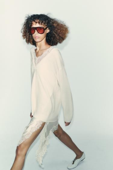 WOOL BLEND LACE KNIT SWEATER - Ecru by Zara