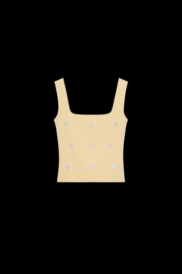 STRETCH-TOP MIT BLUMENSTICKEREI - Gelb von Zara