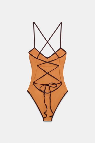 SATIN SWIMSUIT WITH CONTRAST TRIMS - Burnt orange by Zara - Image 2