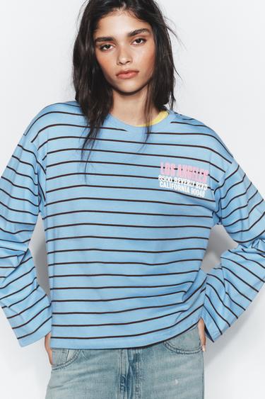 T-SHIRT RAYURES INSCRIPTION - Bleu de Zara