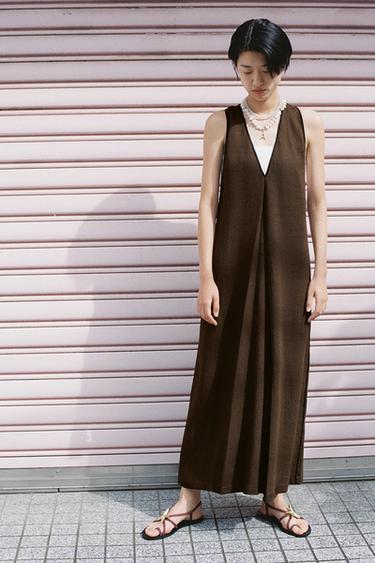 ZW COLLECTION LINEN BLEND MIDI DRESS - Chocolate by Zara