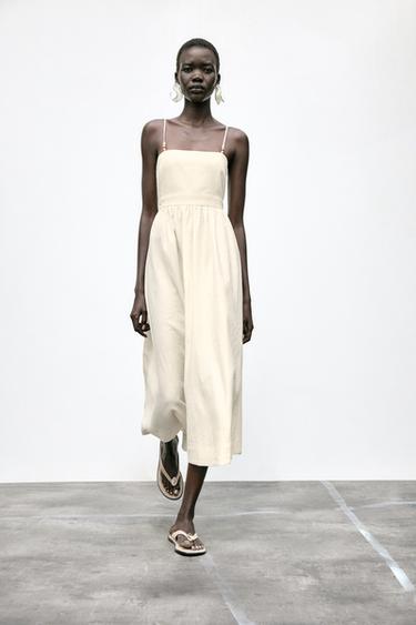 BEADED STRAPPY LINEN BLEND MIDI DRESS - Ecru by Zara - Image 1