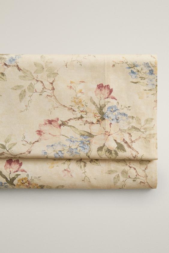 FLORAL SATEEN FLAT SHEET (300 THREAD COUNT) - Beige by Zara - Image 0