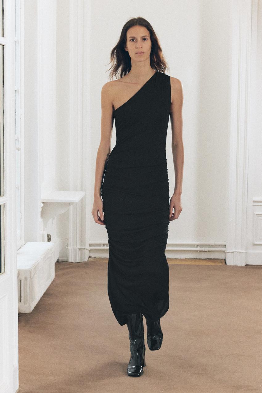 Enza Costa Black Knitted One Shoulder Dress STAUD Lois One-Shoulder Long Sleeve Rib Dress Enza Costa Black Knitted One Shoulder Dress STAUD Lois One-Shoulder Long Sleeve Rib Dress