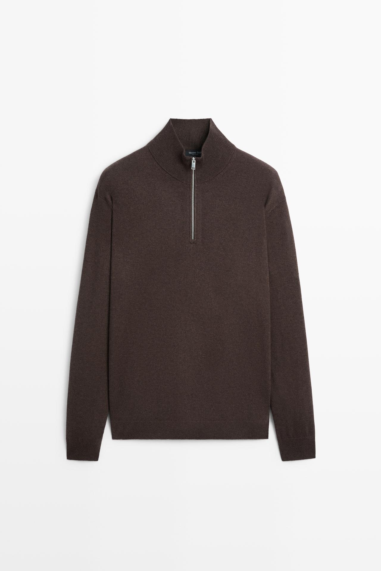 Mock neck knit sweater with zip — Chocolate