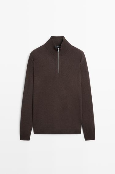 Mock neck knit sweater with zip — Chocolate 1