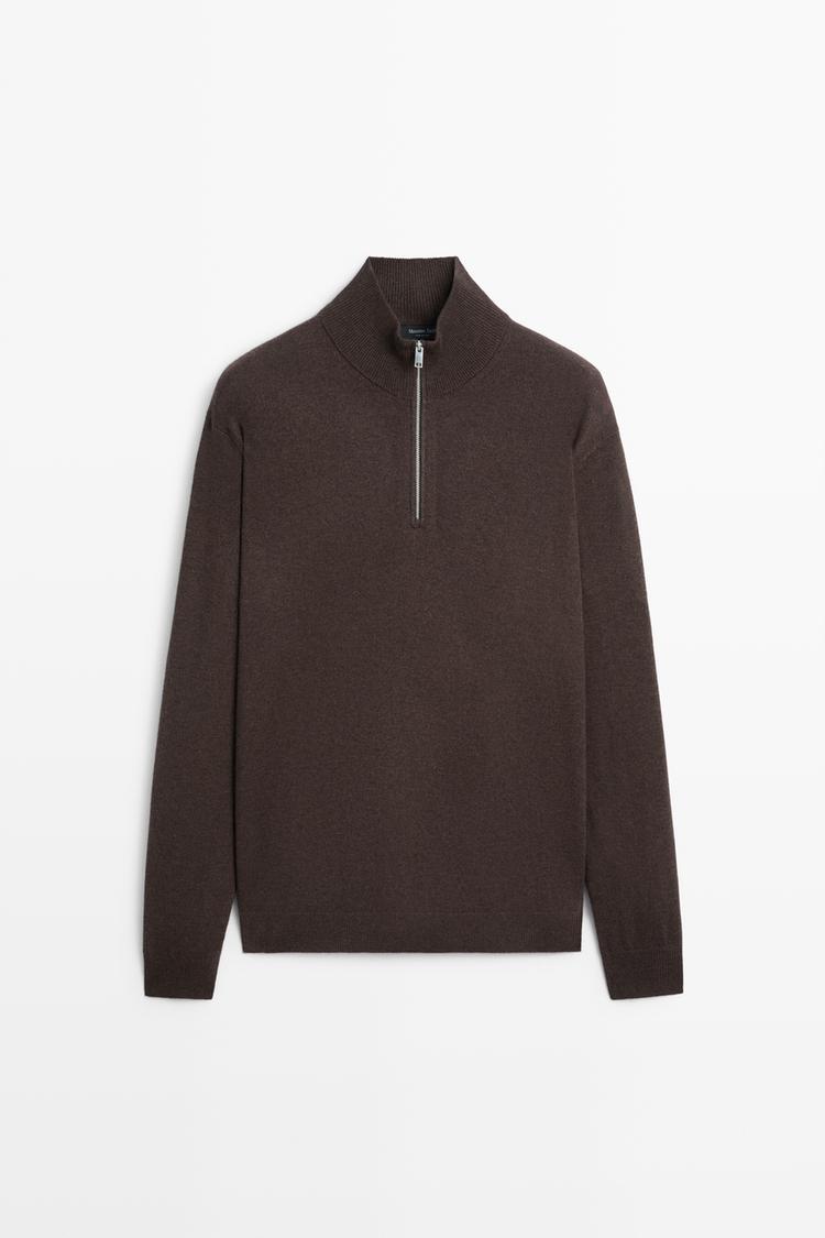 Mock neck knit sweater with zip — Chocolate