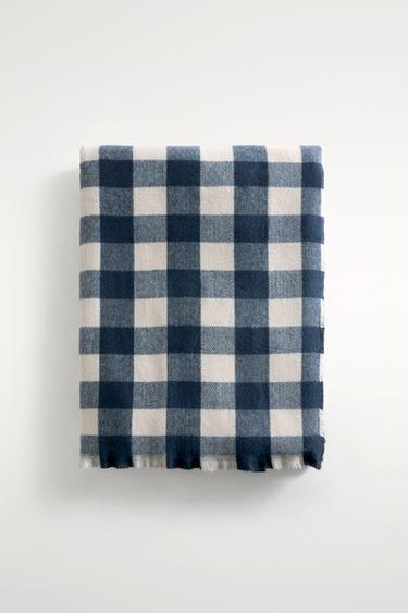 CHECK AND FRINGE BLANKET - Blue by Zara