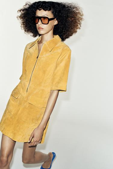 ROBE COURTE 100 % CUIR À FERMETURE ÉCLAIR - Moutarde de Zara - Image 2